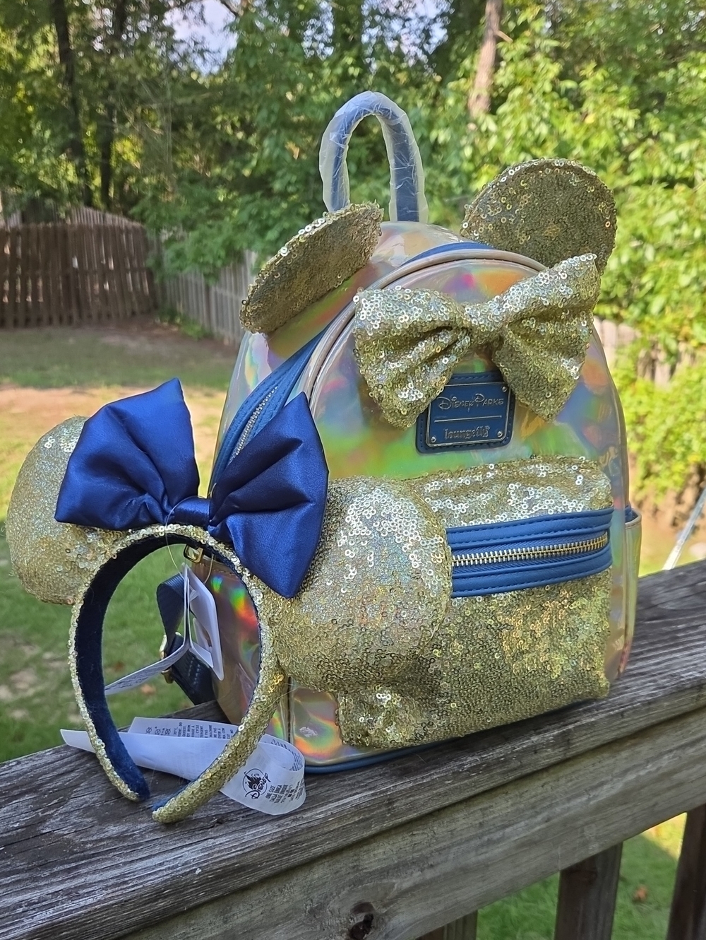 Disney 50TH ANNIVERSARY Gold Sequin Minnie Backpack with Navy Bow Ears